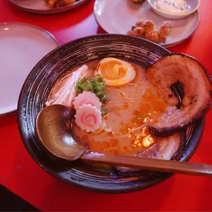 Spicy Miso Ramen: Miso Broth, Chashu, Ajitama, Enoki, Mushrooms, Scallions, and Norutomaki.