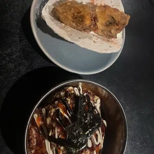 Hen of the woods taco and Okonomiyaki