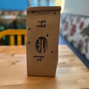a coffee bag on a table
