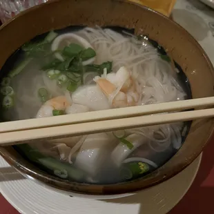 Seafood rice noodle soup.