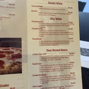 Wine and beer menu