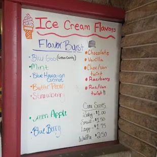 a menu for ice cream flavors