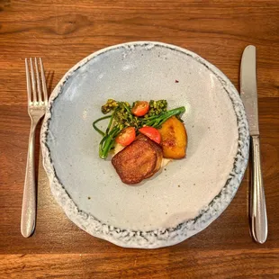 "Gift" from the chef - cod and broccolini with tomatoes, peach, and a crispy potato