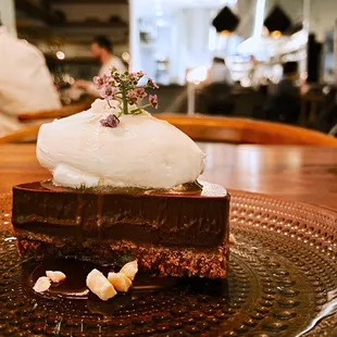 a piece of chocolate cake on a plate