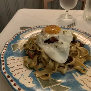 Pancetta pasta with fried egg excellent
