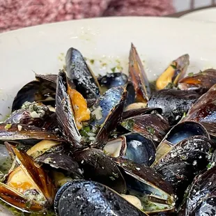 a bowl of steamed mussels