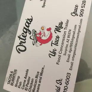 Ortegas Un Taco Mas business Card for catering and private parties.
