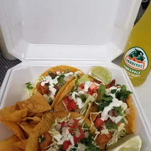 4 big soft Shrimp tacos with chips with Ortega's white sauce. Of the hook !