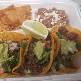 3 Carne Asada Taco Combo, Rice &amp; Beans $11.00.