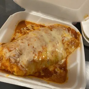 Cali burrito with shrimp and carne asada