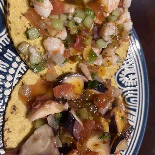 Shrimp Ceviche Tostada and octopus ceviche tostada