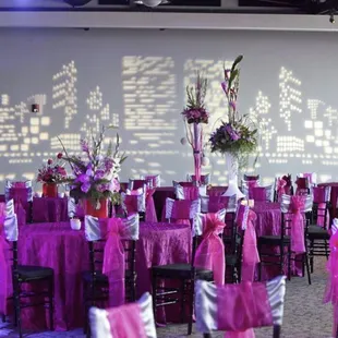 Beautiful downtown Corpus gobo backdrop in Ortiz Center ballroom by Enlightened Ideas.