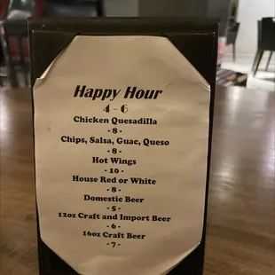 Happy hour menu