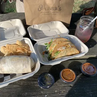 Burrito, Tacos, and a cold summer gin mixed drink