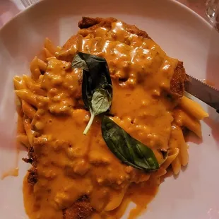 Penne ala vodka with chicken cutlet