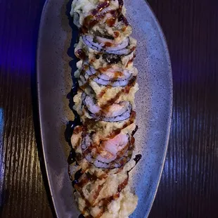 Happy hour roll (customized: eel, whitefish, imitation crab, deep fried)