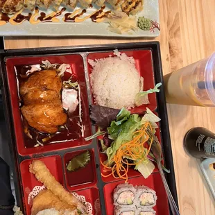 Bento Box with salmon and tempura tuna rolls. Everything was amazing!!!!