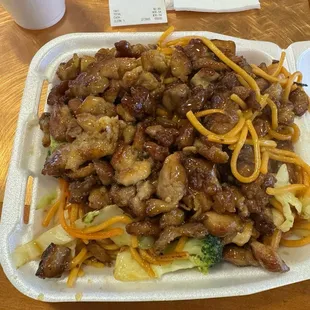 Chicken and shrimp. Noodles and veggies.