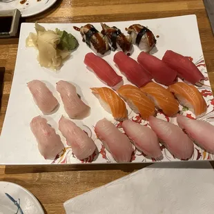 Selection of Nigiri: eel, tuna, salmon, red snapper(I think), and yellowtail to the left.