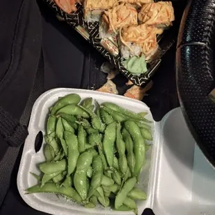 Crunchy crab roll, edamame, seaweed salad.