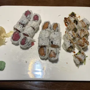 Tuna roll, salmon roll, eel roll