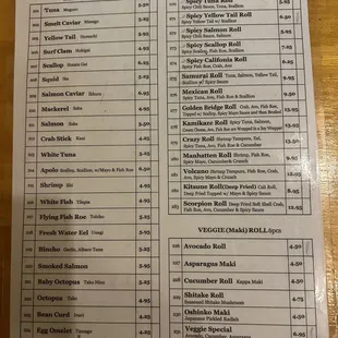 Sushi a la carte menu