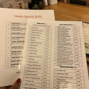 The sushi menu and specials