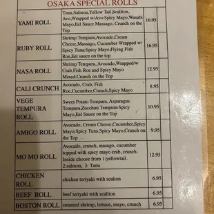 Special rolls menu