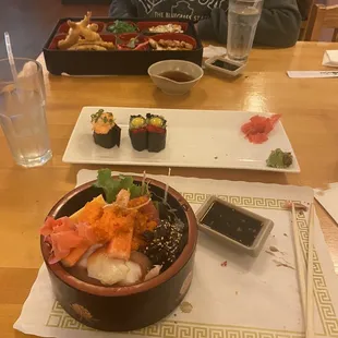 Dinner box A, tobiko with quail eggs, Apollo sushi, and a chirashi