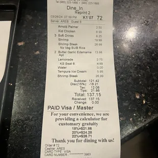 Reciept showing the food we had to cook ourselves, as well as an 18% tip