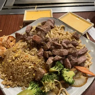 Steak dinner, fried rice, noodles, veggies, shrimp with double yum yum....very good