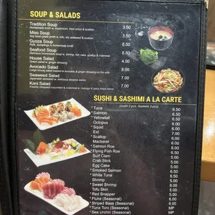 menu, sushi and sashimi