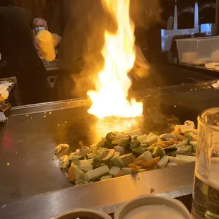 a fire in the background