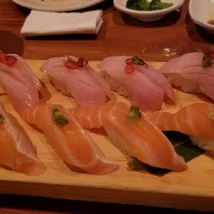Sake toro (Salmon belly) and Hamachi (Yellowtail) nigiri