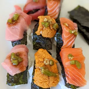Medium tuna, uni, salmon made into nigiri at home, all from Osaka marketplace