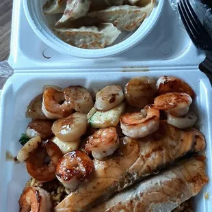Pick 3 Hibachi, shrimp, scallops and salmon. Amazing!