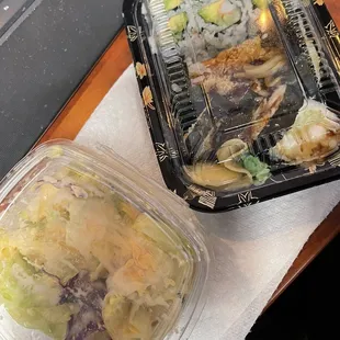 Salad, Shrimp Tempura Roll, California Roll