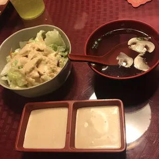 Soup and salad that came with my meal and yum yum sauce