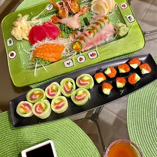 Fresh sashimi. Spicy tuna roll no rice. Naruto roll. Yellowtail jalapeño appetizer. Sweet shrimp ama ebi.