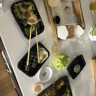 Veggie hibachi, miso soup, Mexican roll, jalapeño yellowtail