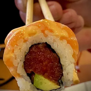 Cherry bomb spicy tuna roll with Salmon.