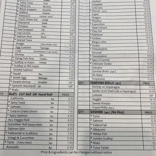 Menu/Prices September 2024