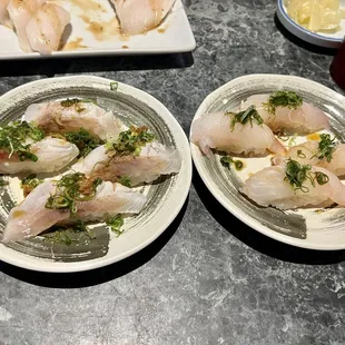 Left: 4 Super delicious Black Snapoer nigiri. Right: 4 halibut nigiri that were chewy.