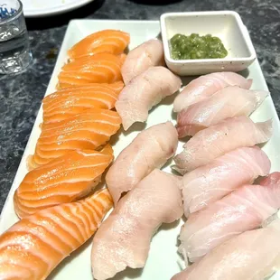 Left: 6 Salmon nigiri, Center: 4 yellowtail Nigiri, Right: 6 Baby Yellowtail or Amberjack nigiri.  Fresh real wasabi.