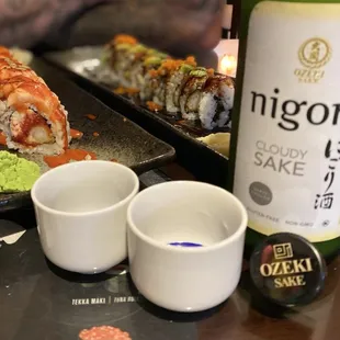 Lava roll, dragon roll.  Sake.