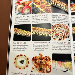 sushi and sashimi, menu
