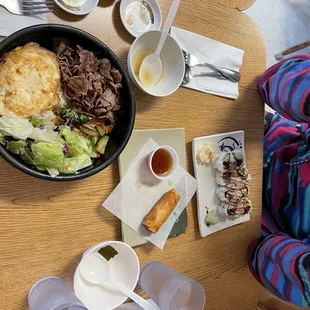 Egg Roll, Miso Soup, Unagi, Bibimbob