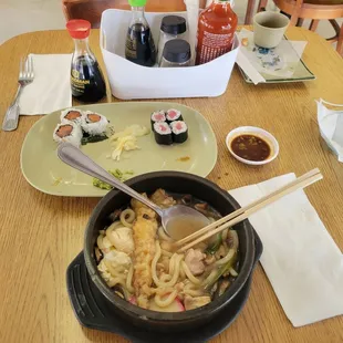 Tempura appetizer, spicy tuna , tuna roll, and Osaka udon soup.
