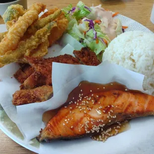 Mixed tempura, pork cutlet, and salmon teriyaki.