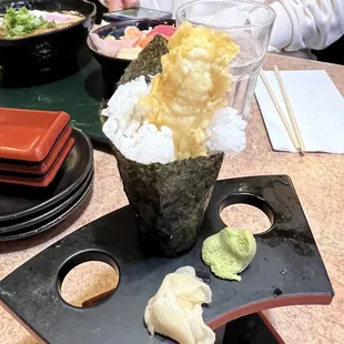 ...cursed shrimp tempura roll  (Back: lunch special ramen + chirashi)
